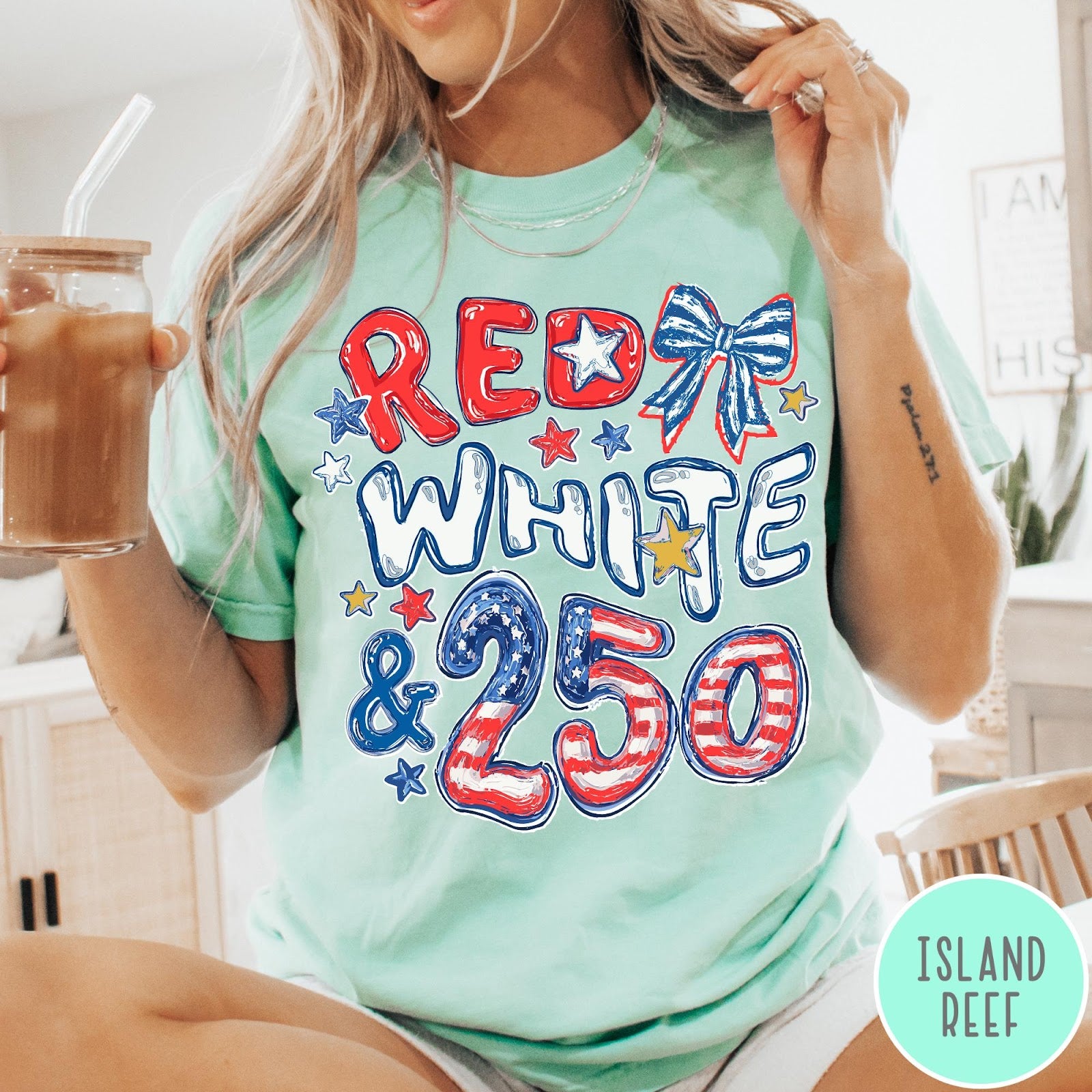 Comfort Colors tee in Island Reef featuring patriotic 250th anniversary graphic with red white and blue stars