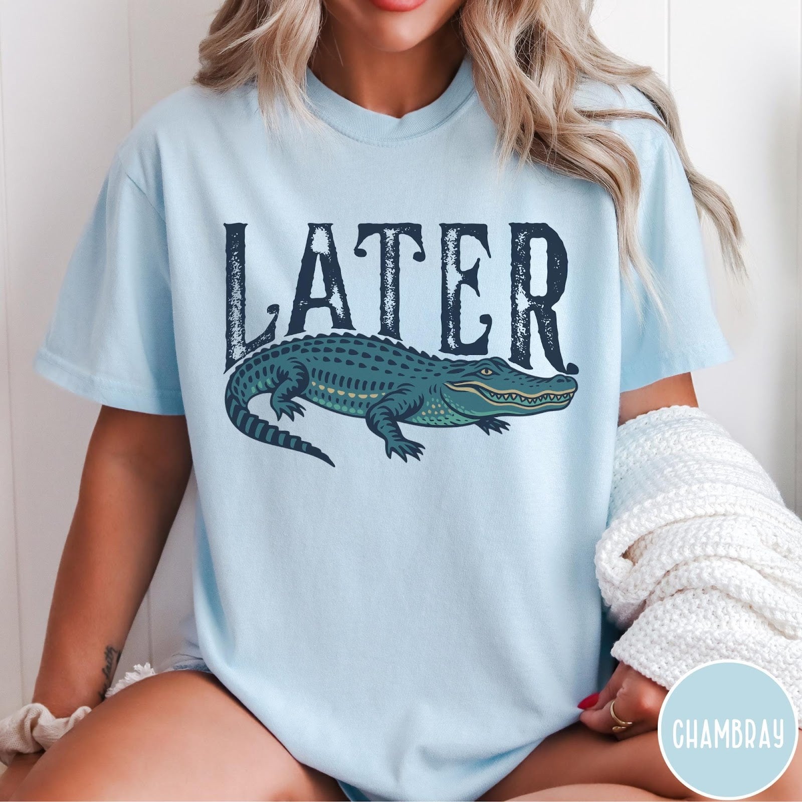 Comfort Colors tee in Chambray featuring casual style with a graphic of a green alligator and text