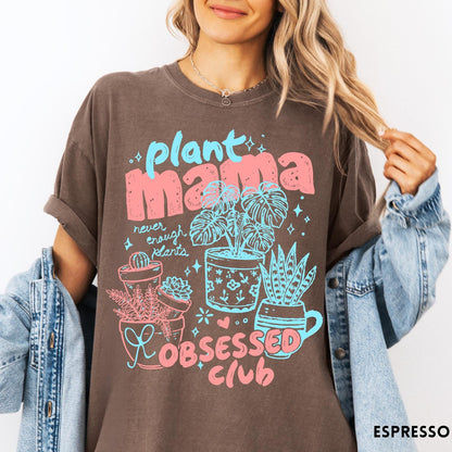 Comfort Colors tee in Espresso featuring graphic design with potted plants and Plant Mama Obsessed Club text
