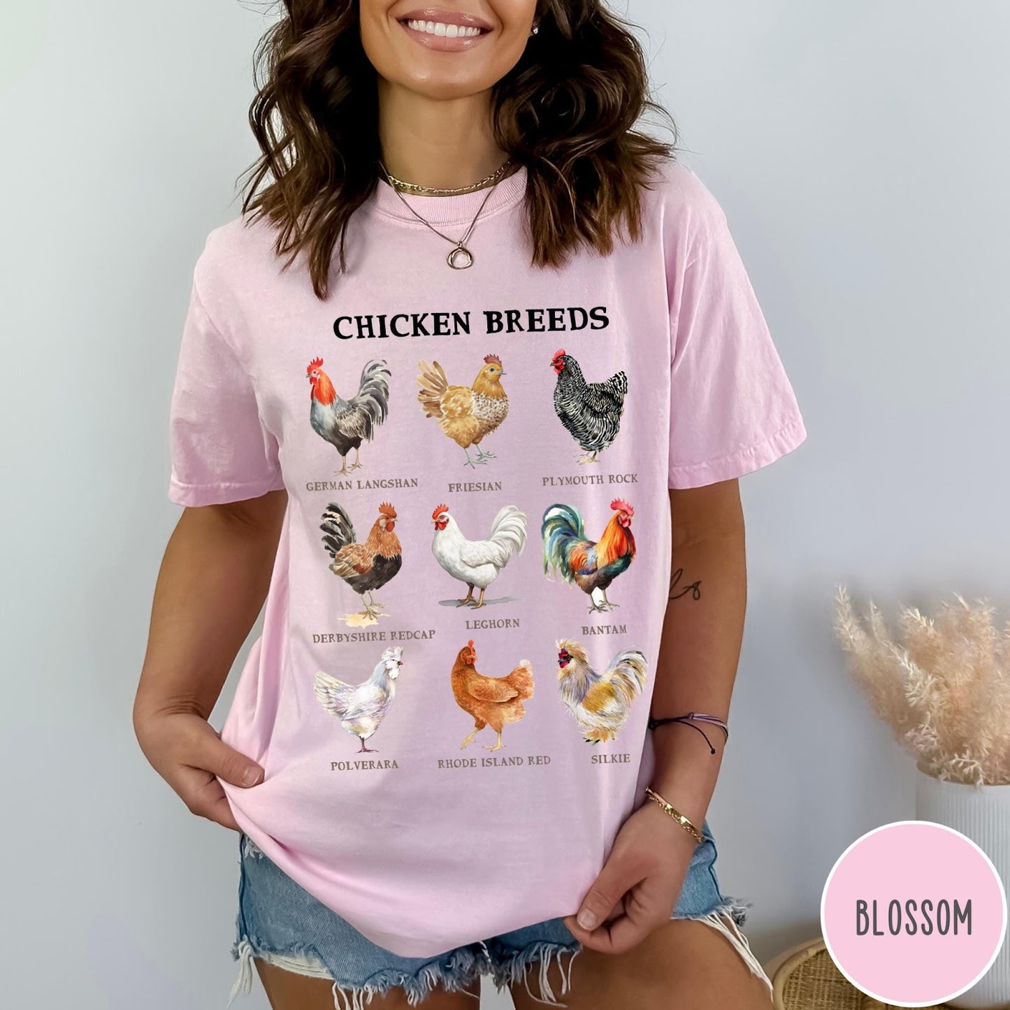 Comfort Colors tee in Blossom featuring vintage style graphic illustration of nine different chicken breeds with labels