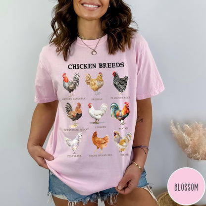 Comfort Colors tee in Blossom featuring vintage style graphic illustration of nine different chicken breeds with labels