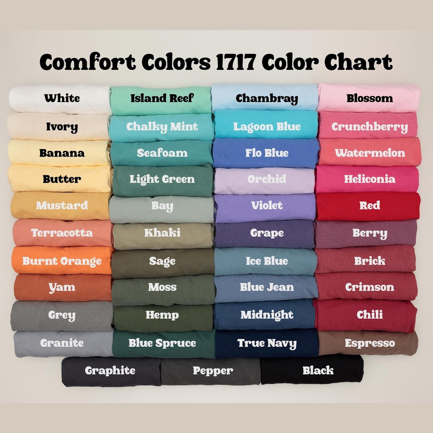 Comfort Colors tee color chart showing a wide variety of available garment colors for the shirt