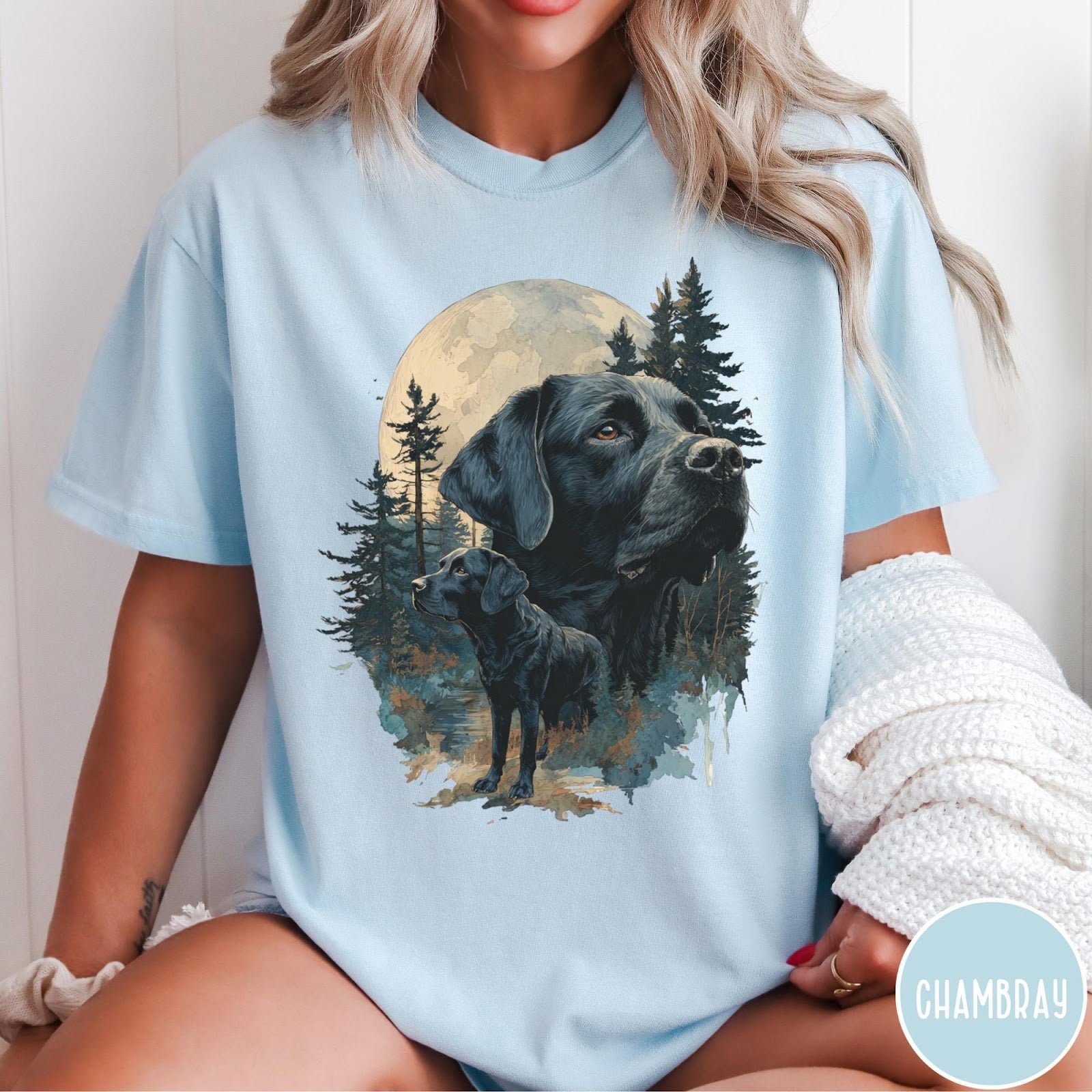 Comfort Colors tee in Chambray featuring artistic graphic of Black Labrador dogs in a forest moon setting