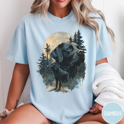 Comfort Colors tee in Chambray featuring artistic graphic of Black Labrador dogs in a forest moon setting