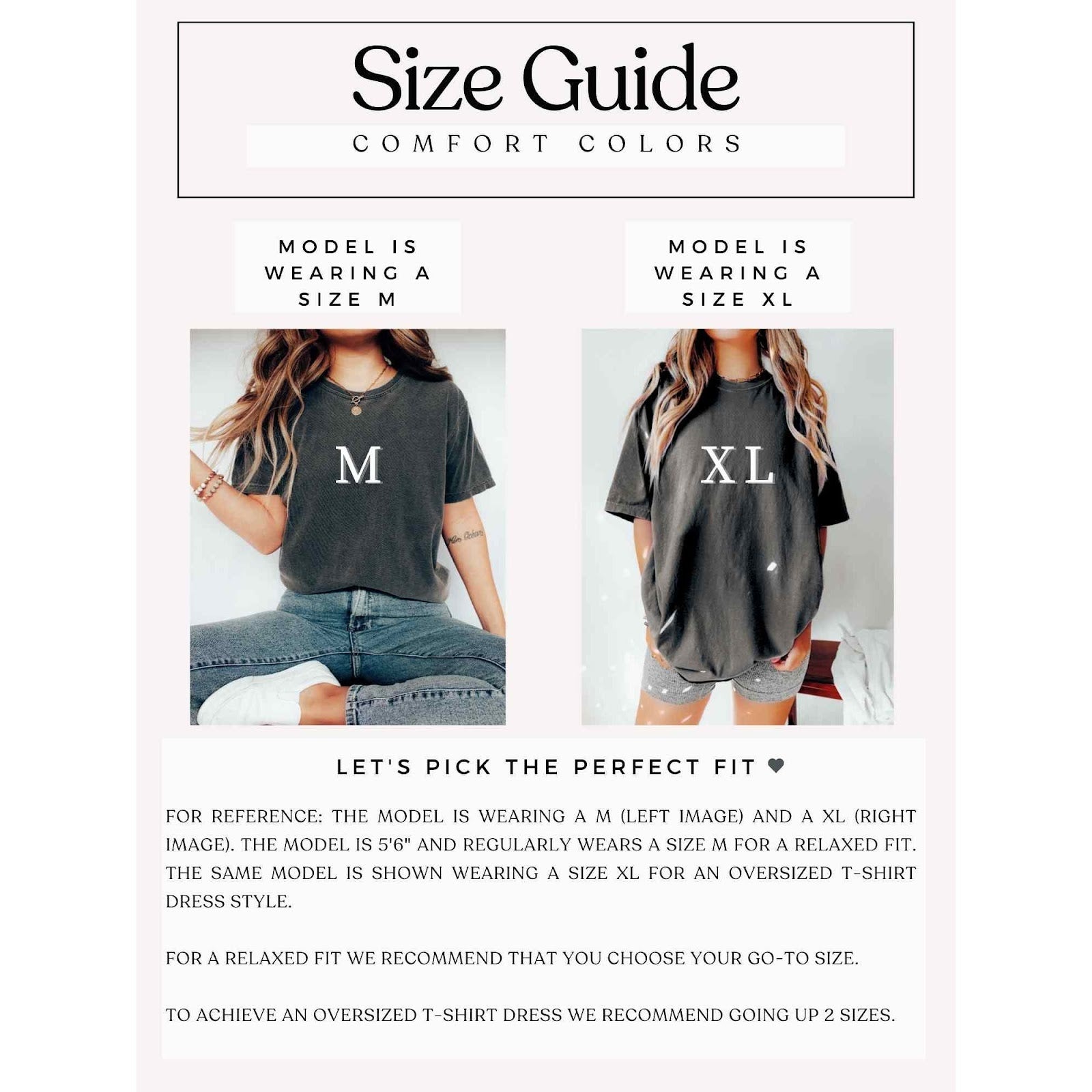 Comfort Colors tee size guide showing model wearing size medium and extra large for fit reference