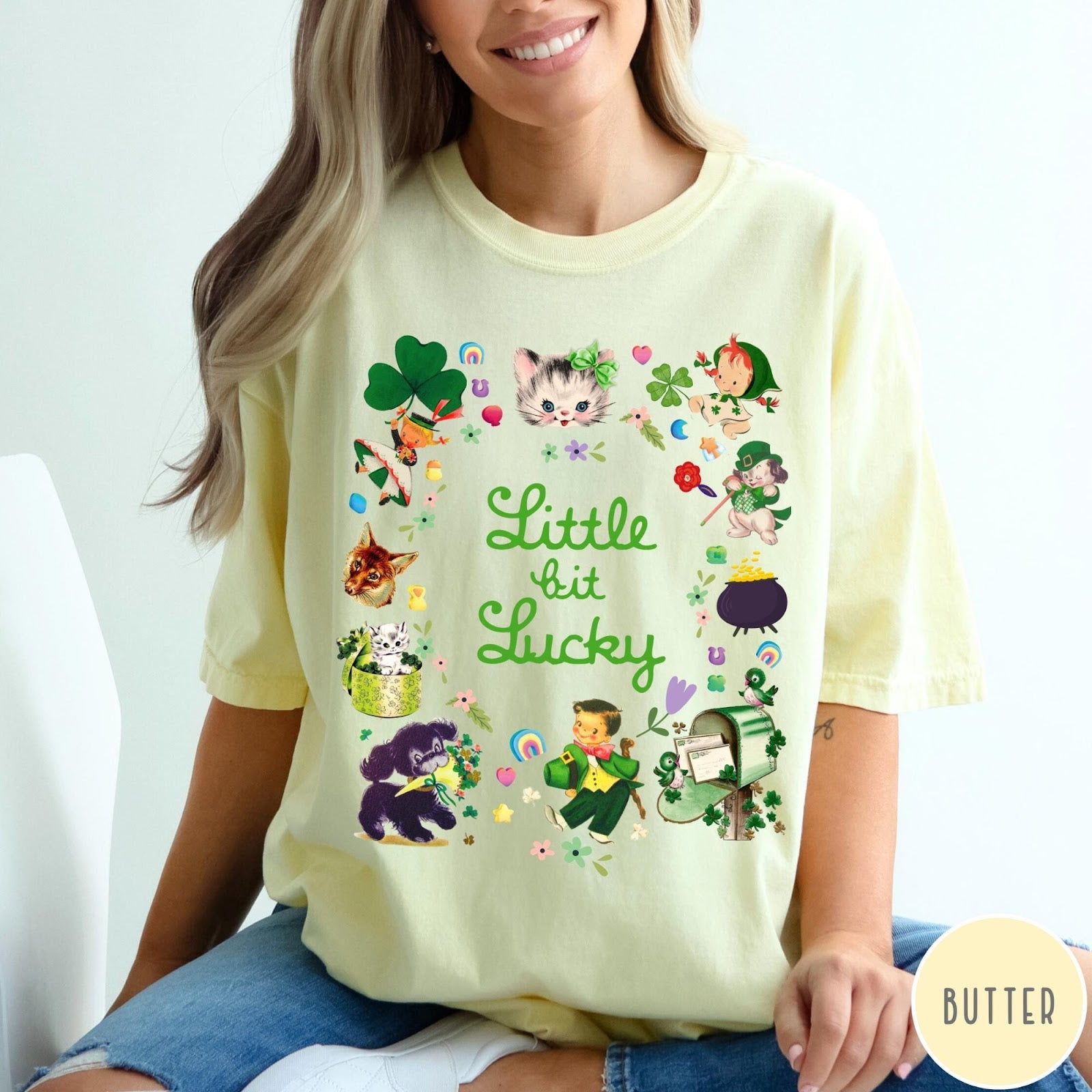 Comfort Colors tee in Butter featuring St. Patrick's Day collage with kittens, leprechauns, and festive holiday icons