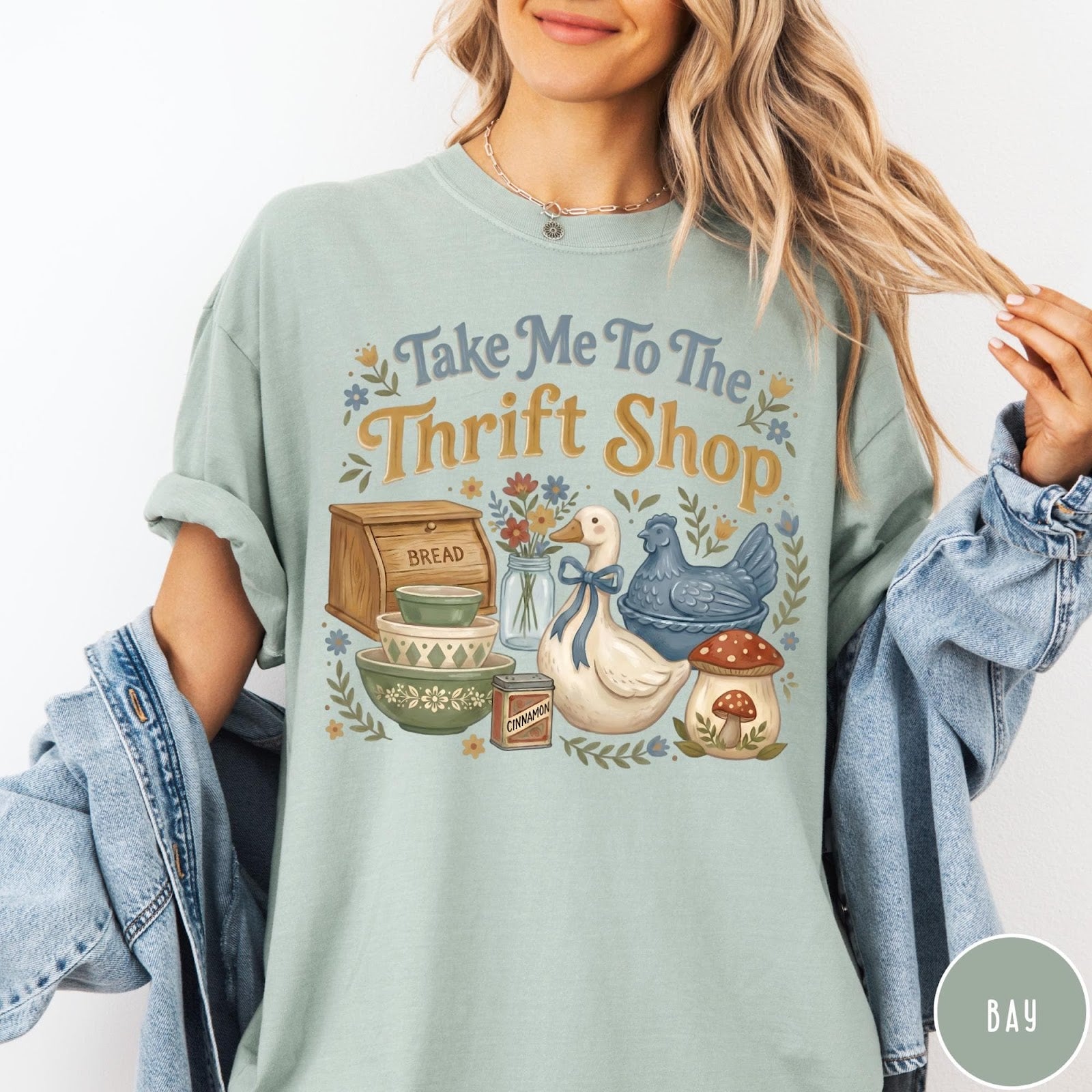 Comfort Colors tee in Bay featuring vintage kitchenware graphic with a duck, bread box, and mushrooms.