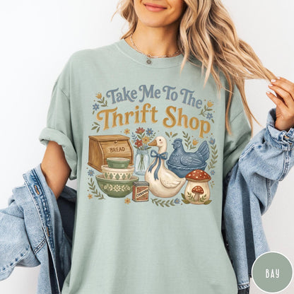 Comfort Colors tee in Bay featuring vintage kitchenware graphic with a duck, bread box, and mushrooms.