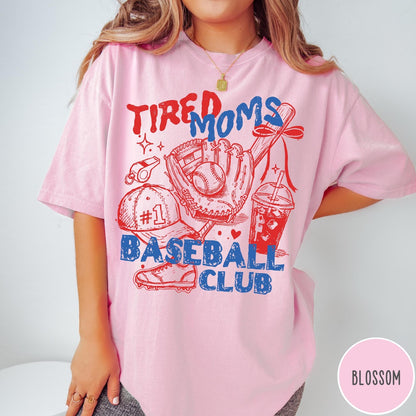 Comfort Colors tee in Blossom featuring baseball mom life graphic with glove, ball, and iced coffee