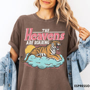Comfort Colors tee in Espresso featuring retro graphic design of a roaring tiger resting on a cloud
