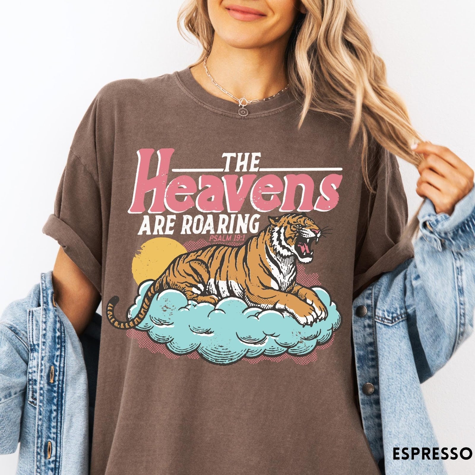 Comfort Colors tee in Espresso featuring retro graphic design of a roaring tiger resting on a cloud