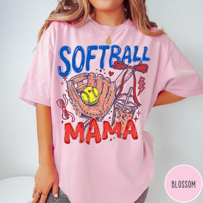 Comfort Colors tee in Blossom featuring softball mom graphic with glove, ball, and iced coffee design