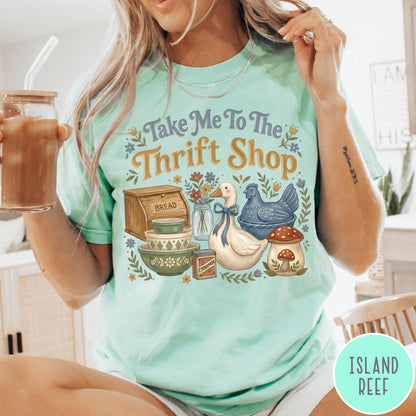 Comfort Colors tee in Island Reef featuring vintage kitchenware graphic with bread box, bowls, goose, and mushroom.