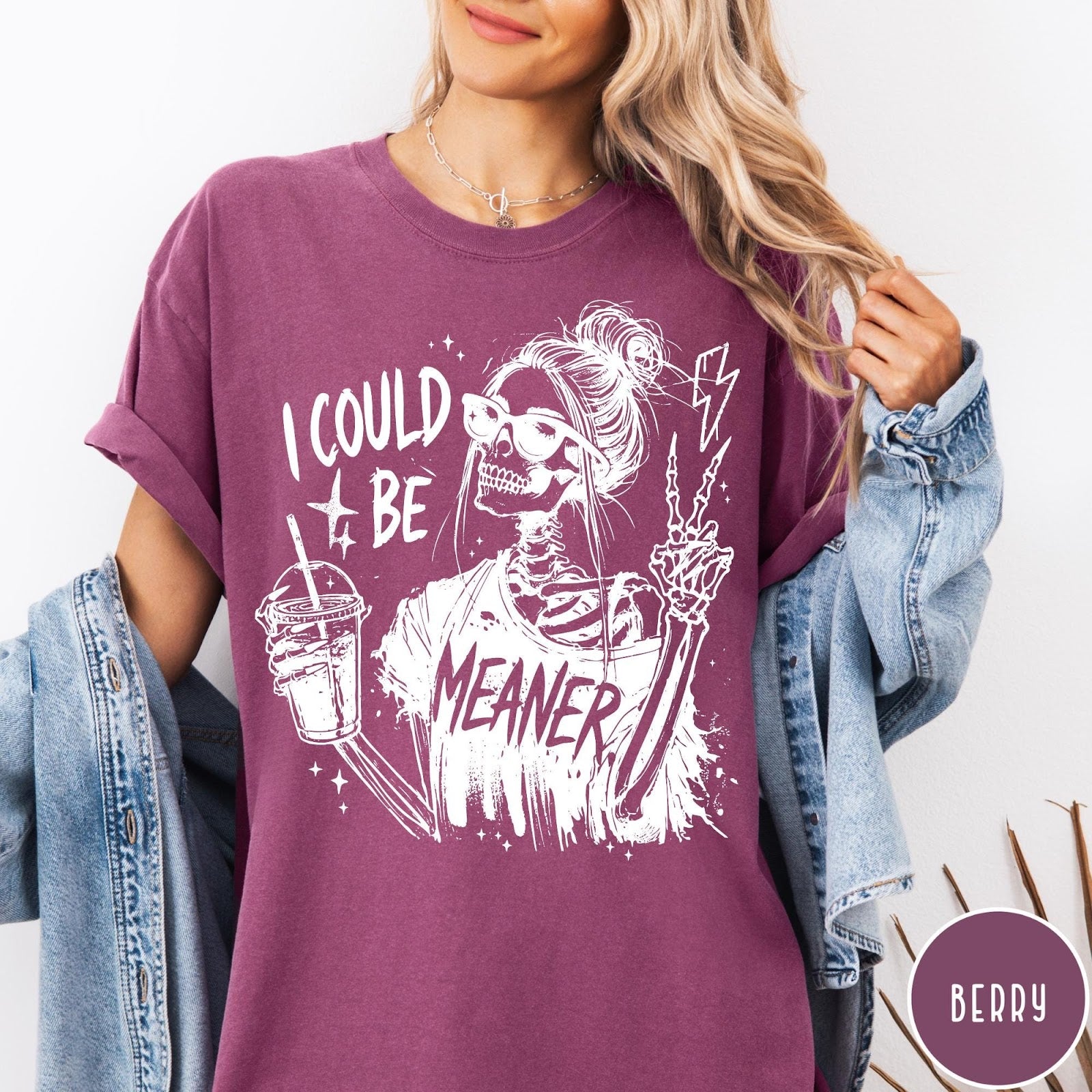 Comfort Colors tee in Berry featuring skeleton graphic with sunglasses, messy bun, iced coffee, and lightning bolt.