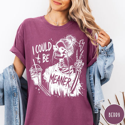Comfort Colors tee in Berry featuring skeleton graphic with sunglasses, messy bun, iced coffee, and lightning bolt.