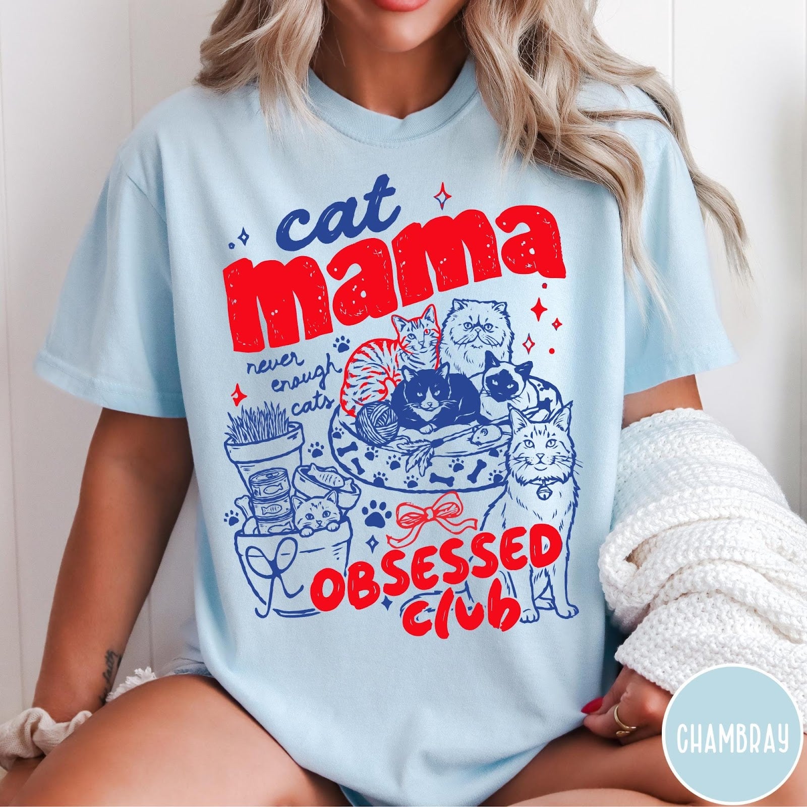 Comfort Colors tee in Chambray featuring retro style graphic with cats, yarn, and cat mama club text