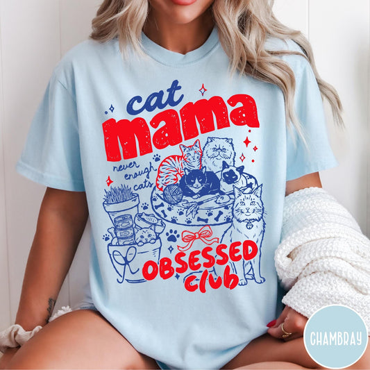 Comfort Colors tee in Chambray featuring retro style graphic with cats, yarn, and cat mama club text
