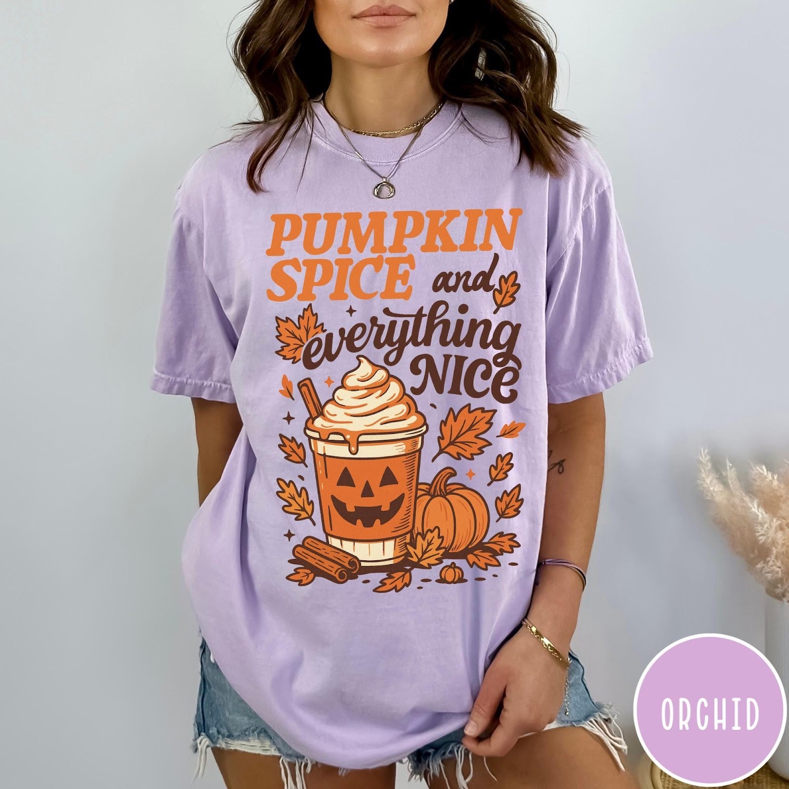 Comfort Colors tee in Orchid featuring autumn design with pumpkin spice latte and fall leaves graphic