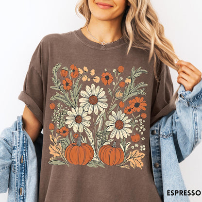 Comfort Colors tee in Espresso featuring boho floral design with pumpkins and daisies in fall colors