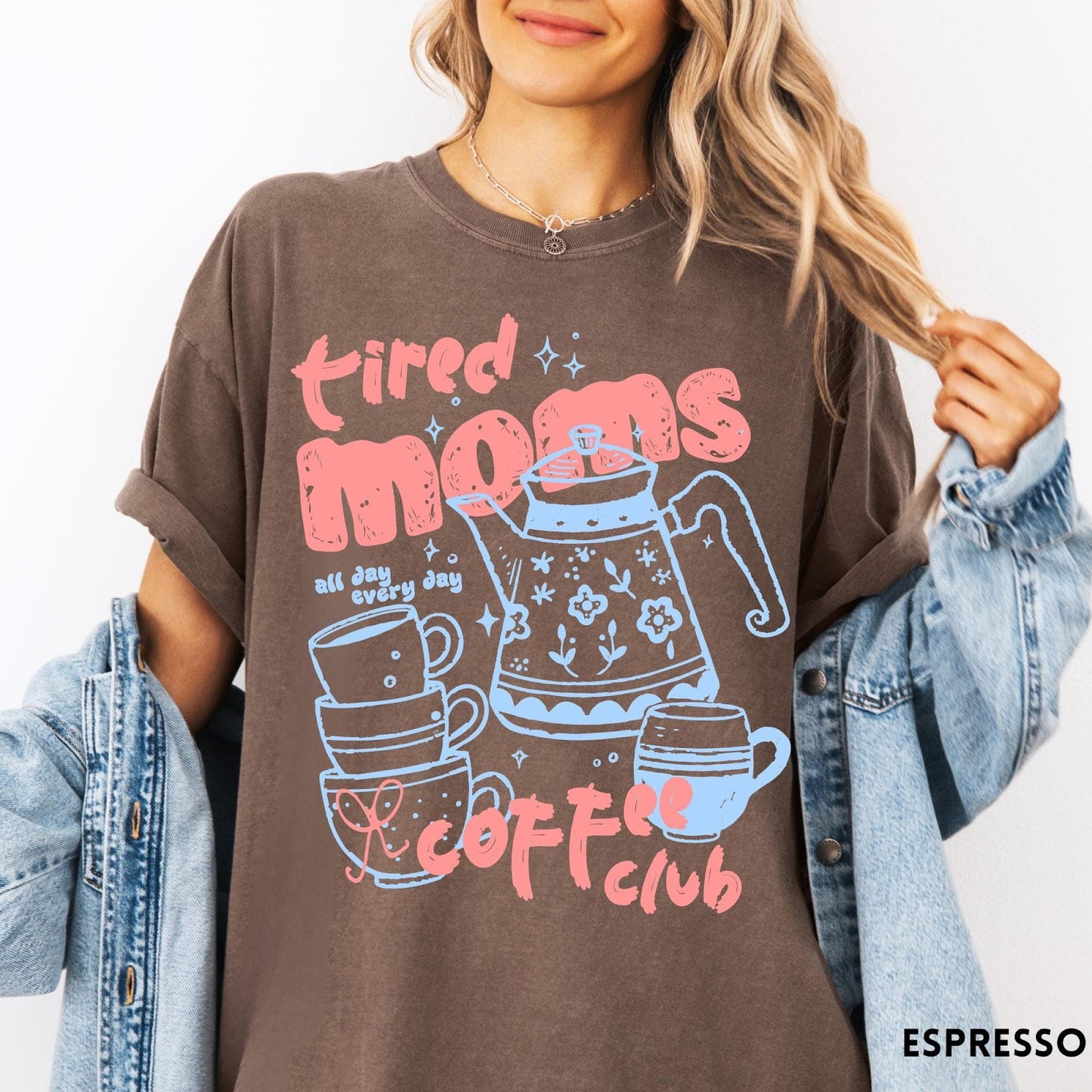 Comfort Colors tee in Espresso featuring coffee themed graphic with teapot and stacked mugs and text design