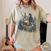 Comfort Colors tee in Khaki featuring vintage style graphic of a deer family in a forest scene