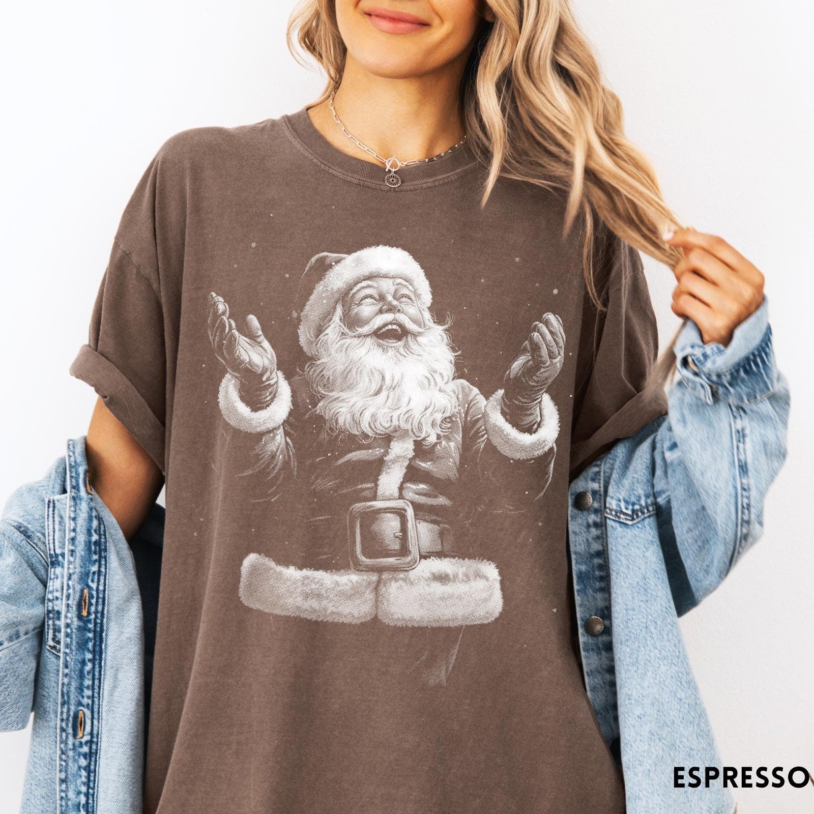 Comfort Colors tee in Espresso featuring vintage style graphic of a joyful Santa Claus with open arms
