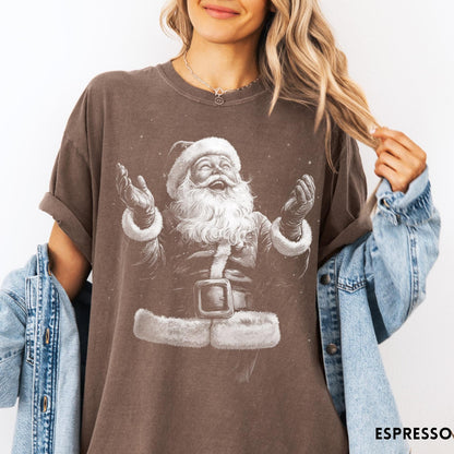 Comfort Colors tee in Espresso featuring vintage style graphic of a joyful Santa Claus with open arms