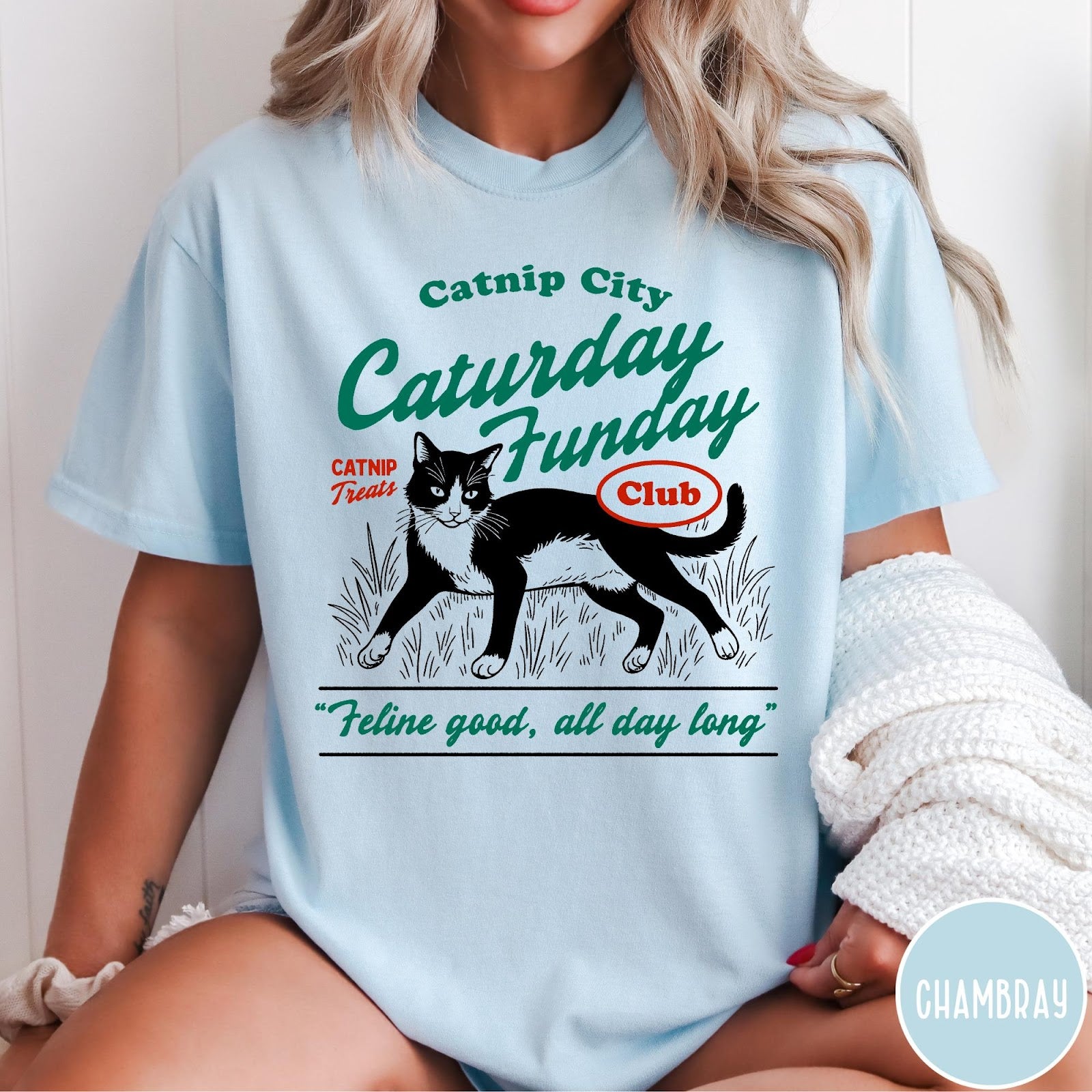 Comfort Colors tee in Chambray featuring vintage style graphic of a tuxedo cat in grass with text
