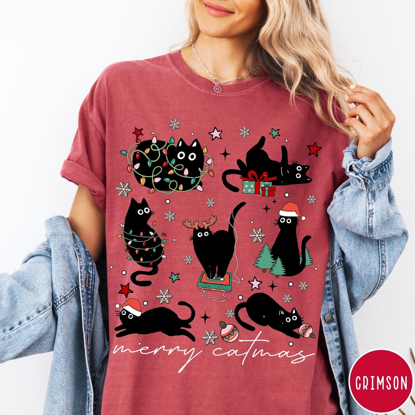Comfort Colors tee in Crimson featuring festive holiday graphic with multiple black cats and Christmas elements