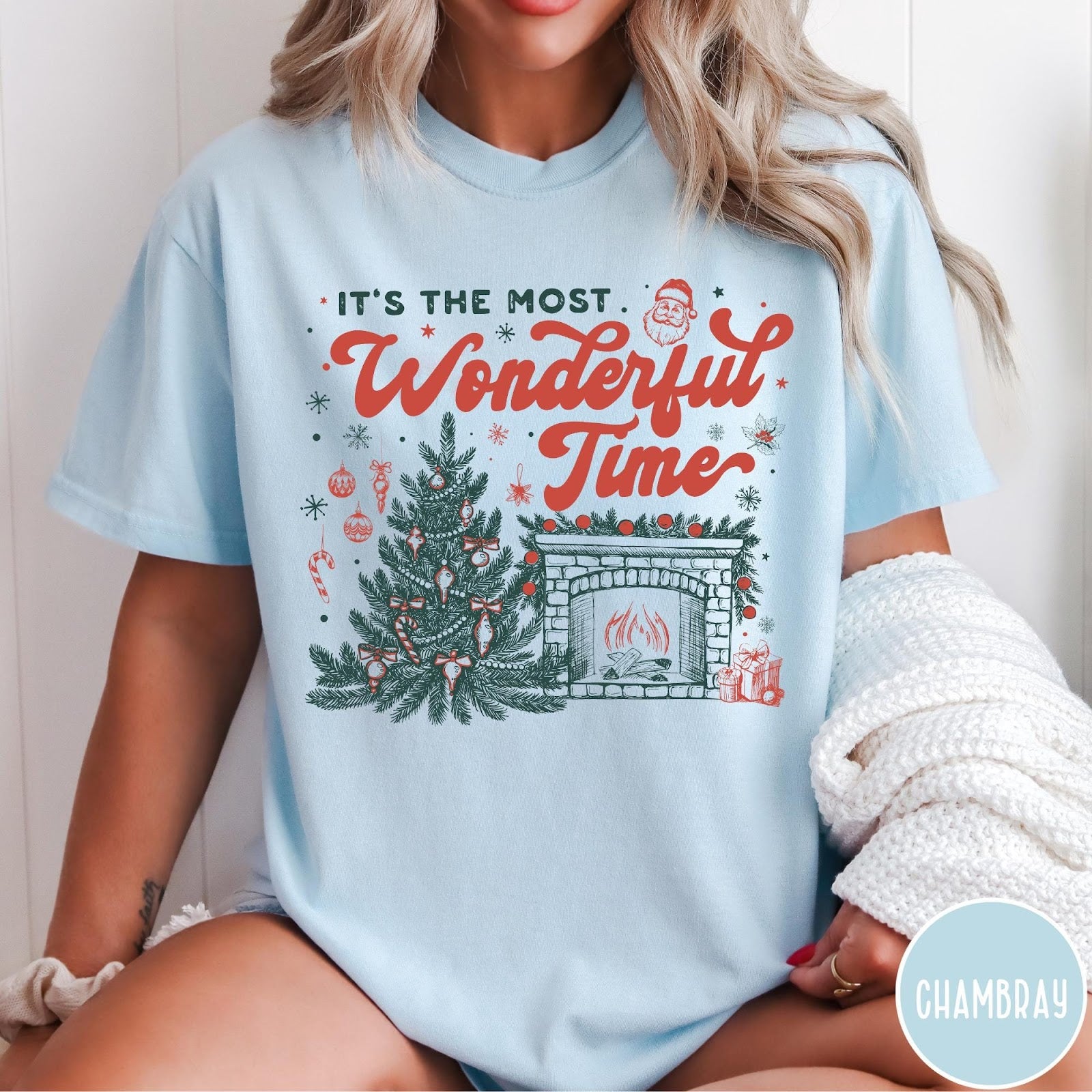 Comfort Colors tee in Chambray featuring Christmas design with a decorated tree and a cozy fireplace scene