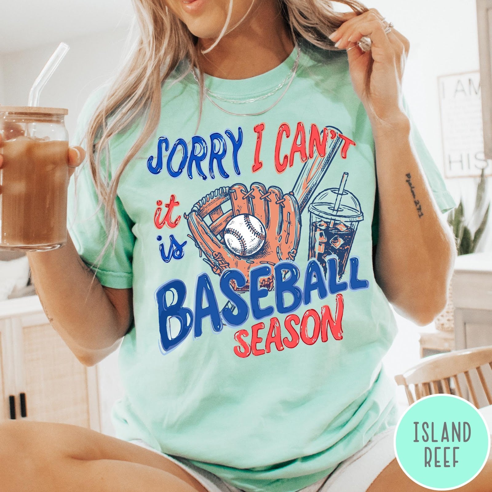 Comfort Colors tee in Island Reef featuring baseball graphic with glove, ball, bat, and iced coffee