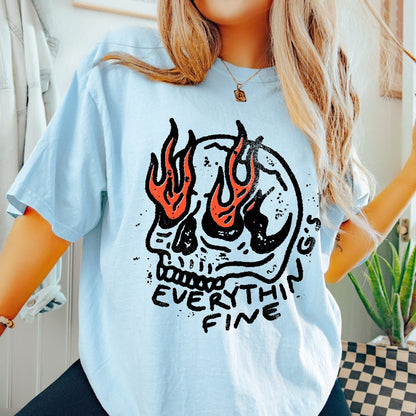 Comfort Colors tee in Chambray featuring distressed graphic style skull with flames and Everything is Fine text