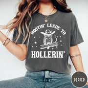 Comfort Colors tee in Pepper featuring western style graphic of an owl wearing a cowboy hat on branch