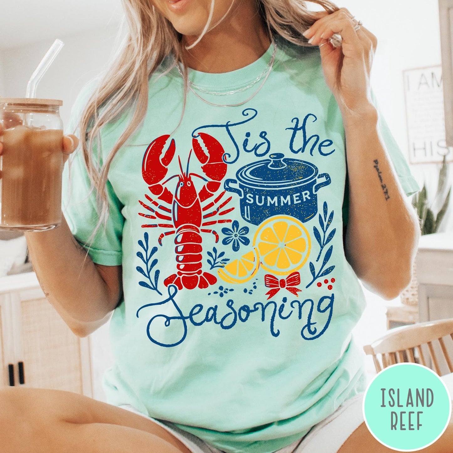 Comfort Colors tee in Island Reef featuring lobster boil graphic with a lobster, cooking pot, and lemon slices.