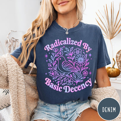 Comfort Colors tee in Denim featuring floral design style with a bird and flowers graphic print