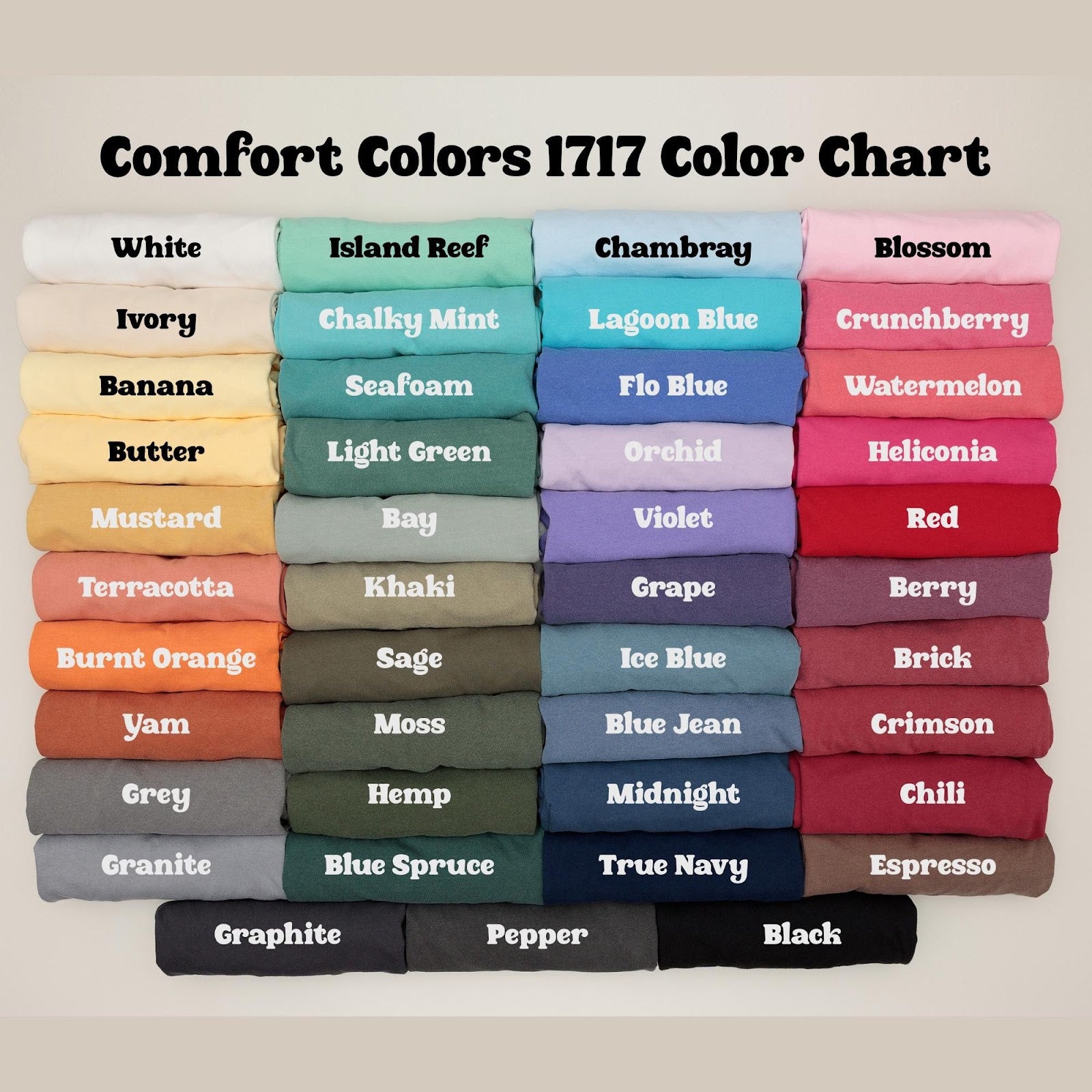 Comfort Colors tee color chart showing available garment colors for the 1717 model