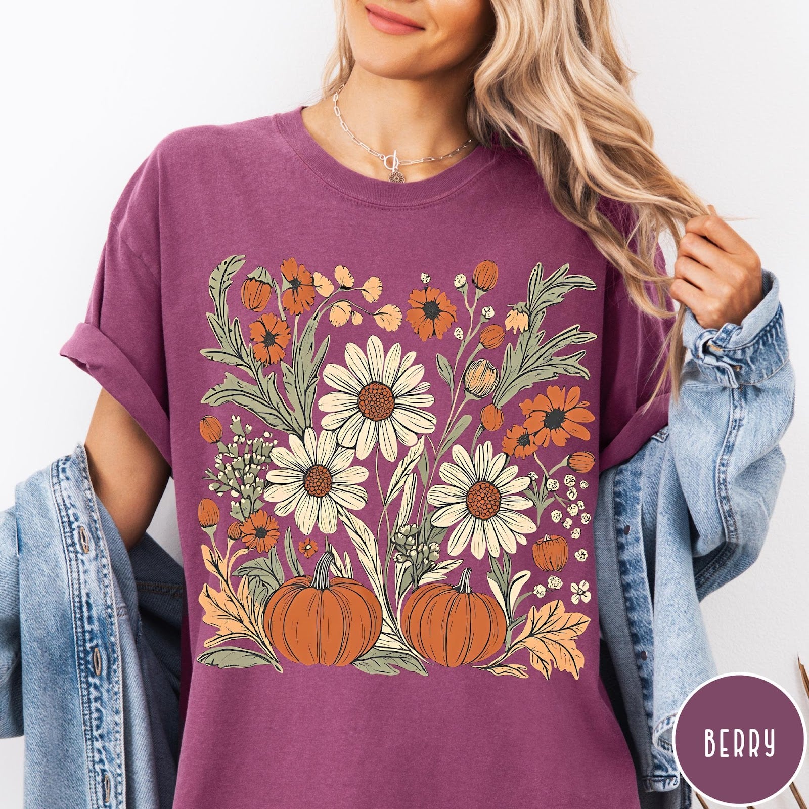 Comfort Colors tee in Berry featuring boho floral design with pumpkins and daisies in fall colors