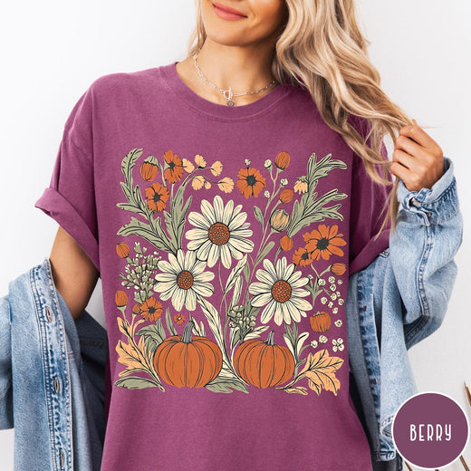 Comfort Colors tee in Berry featuring boho floral design with pumpkins and daisies in fall colors