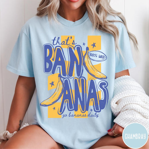Comfort Colors tee in Chambray featuring retro style banana graphic with text that is bananas go bananas daily