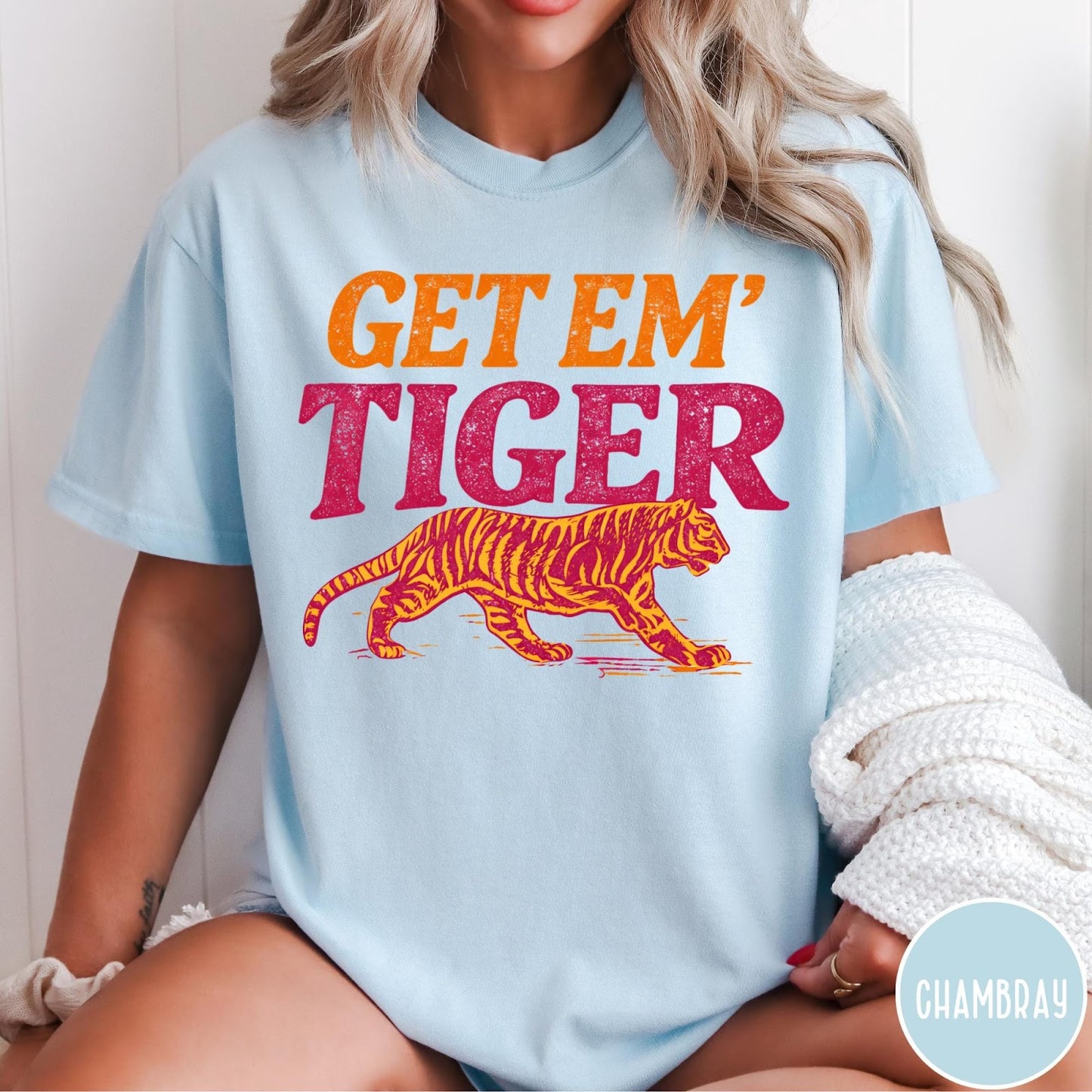 Comfort Colors tee in Chambray featuring vintage style graphic with orange text and a walking tiger illustration