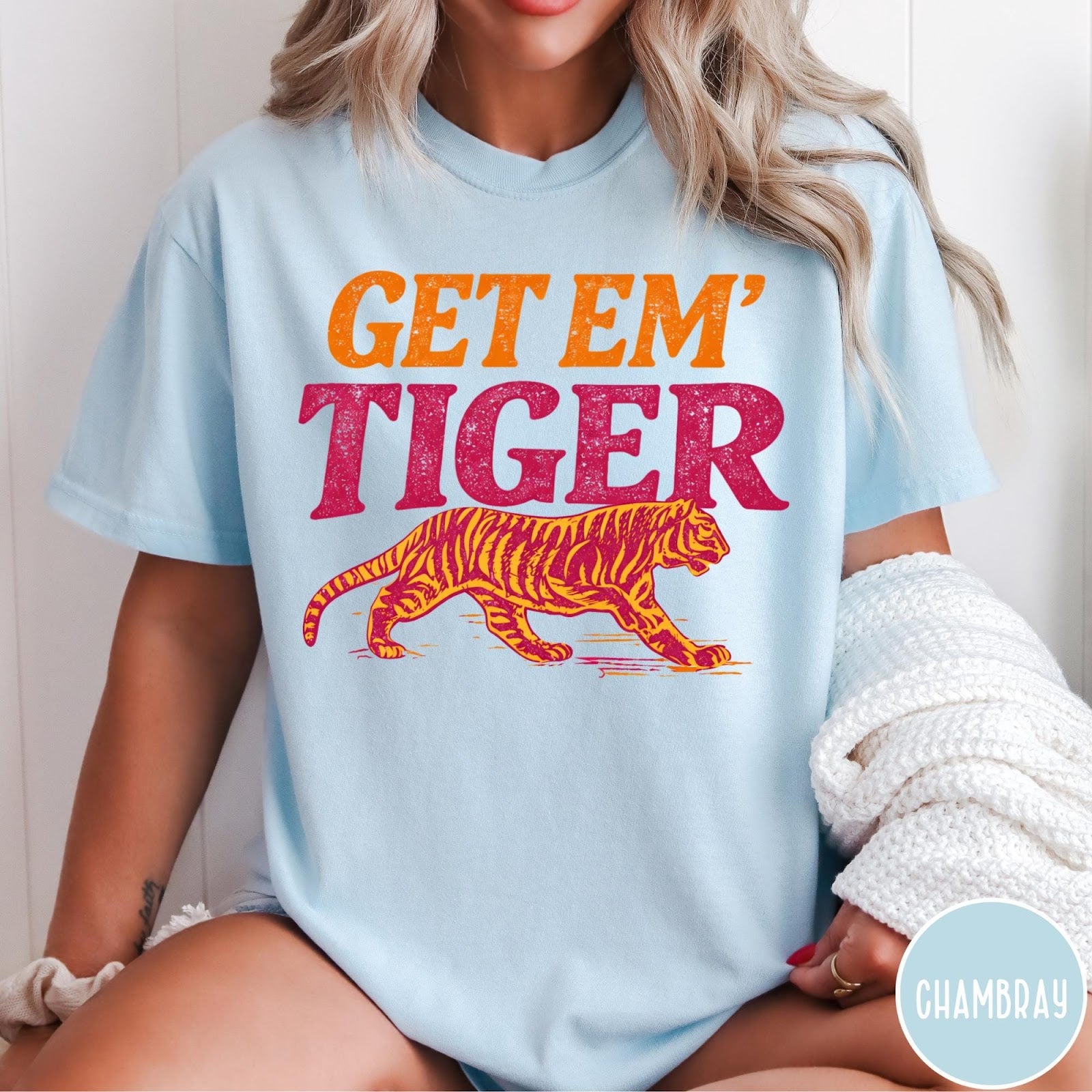 Comfort Colors tee in Chambray featuring vintage style graphic with orange text and a walking tiger illustration