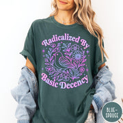 Comfort Colors tee in Blue Spruce featuring floral design style with a bird and flowers graphic print