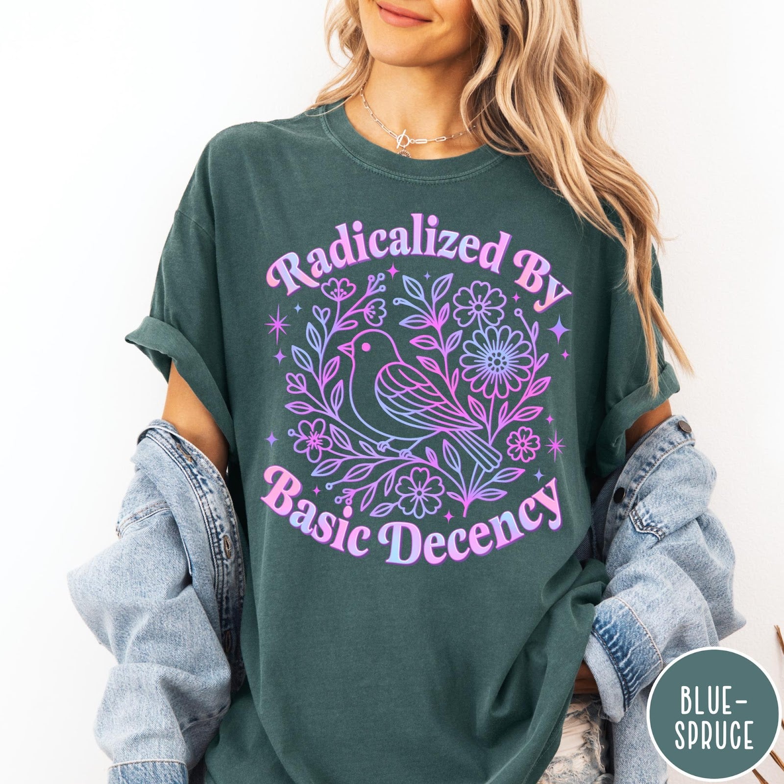 Comfort Colors tee in Blue Spruce featuring floral design style with a bird and flowers graphic print