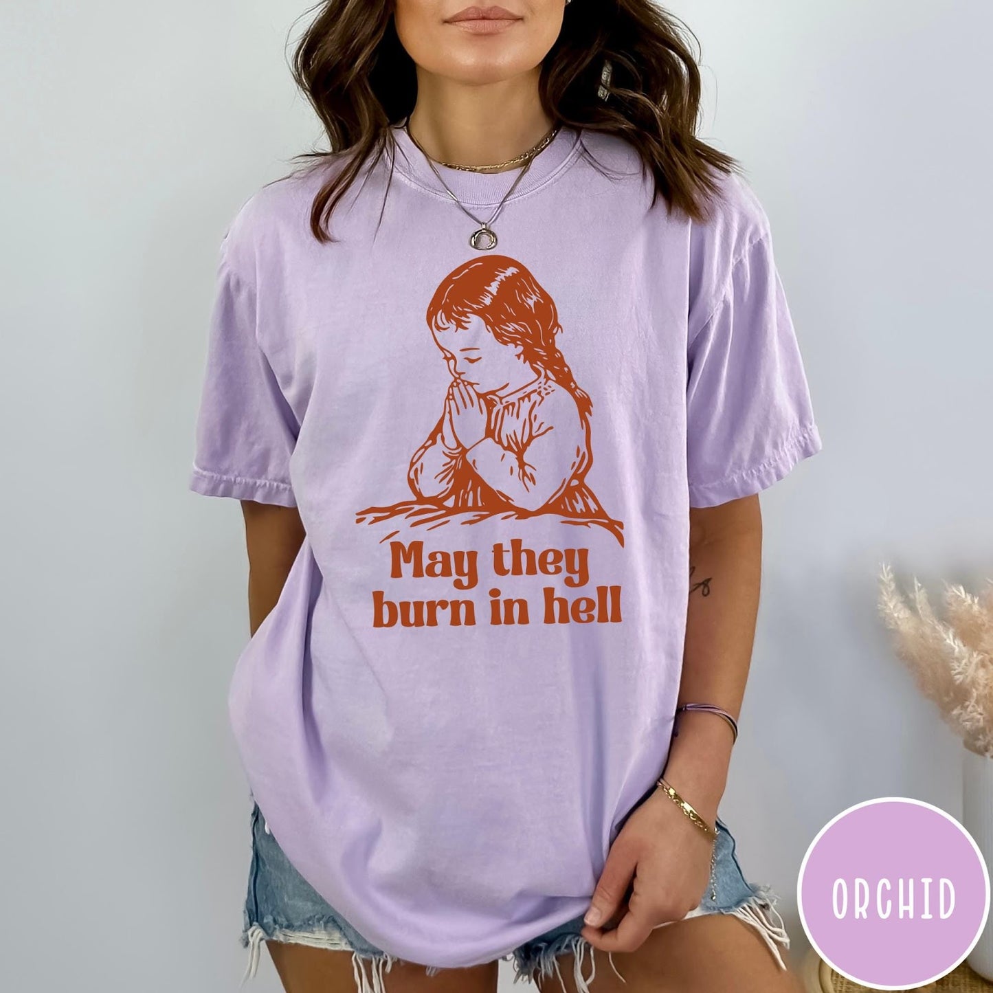 Comfort Colors tee in Orchid featuring vintage style graphic of a child praying with text below