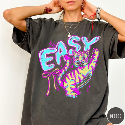 Comfort Colors tee in Pepper featuring retro style graphic of a tiger with blue and orange colors