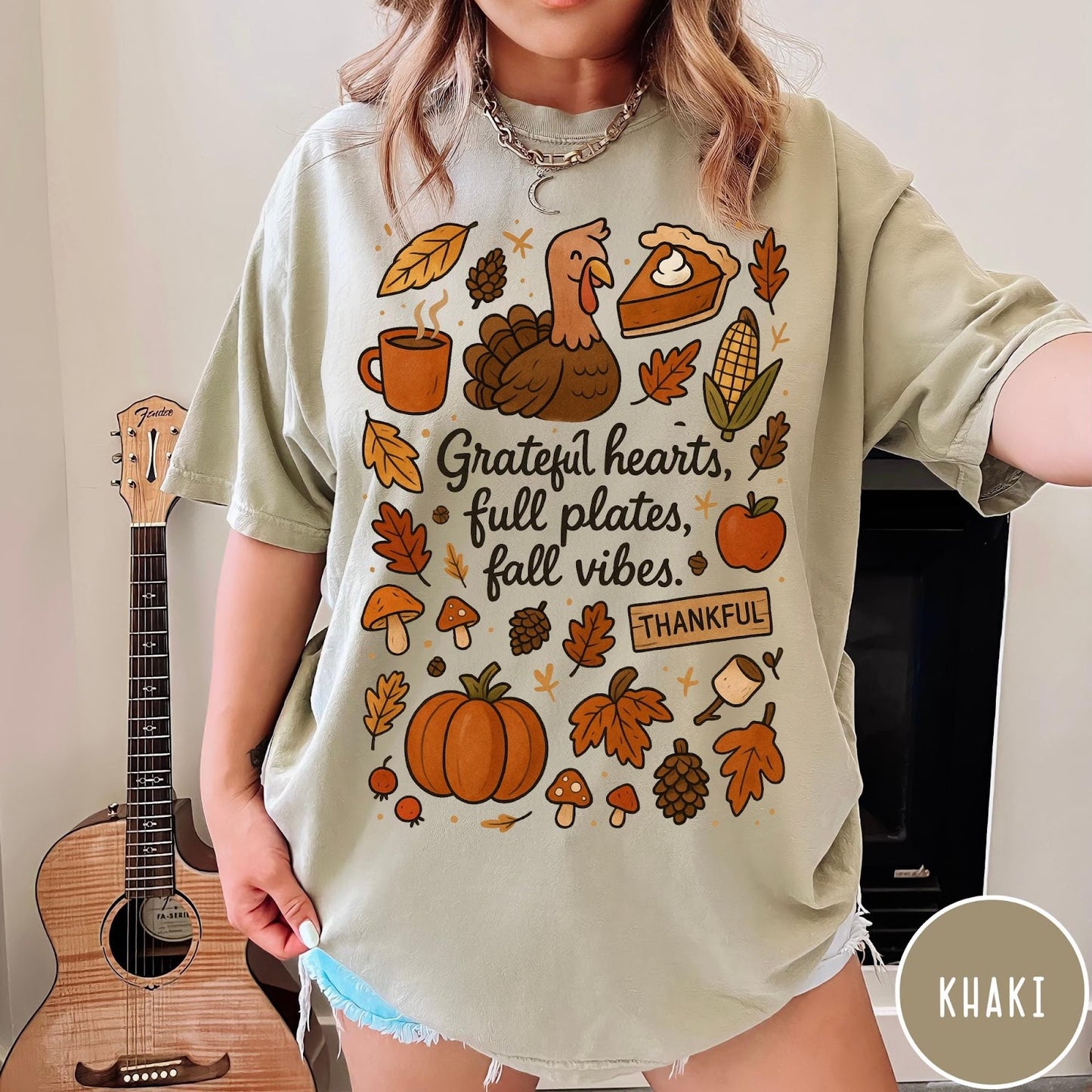 Comfort Colors tee in Khaki featuring fall design style with turkey, pumpkin, pie, and autumn harvest elements
