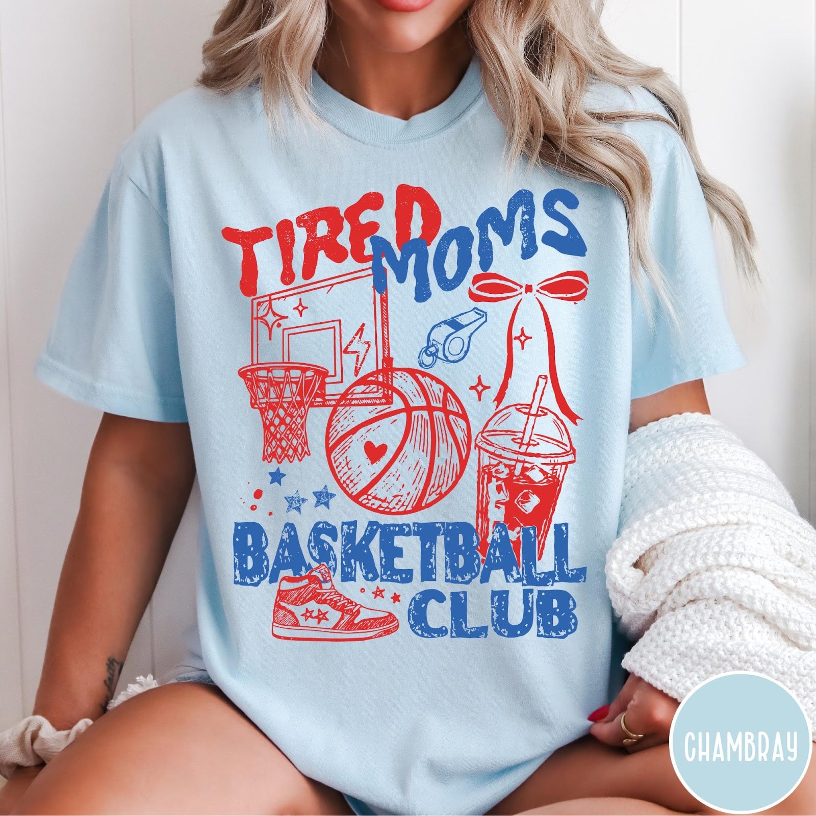 Comfort Colors tee in Chambray featuring basketball mom life graphic with basketball, hoop, whistle, and drink illustration