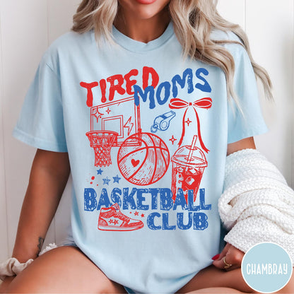 Comfort Colors tee in Chambray featuring basketball mom life graphic with basketball, hoop, whistle, and drink illustration