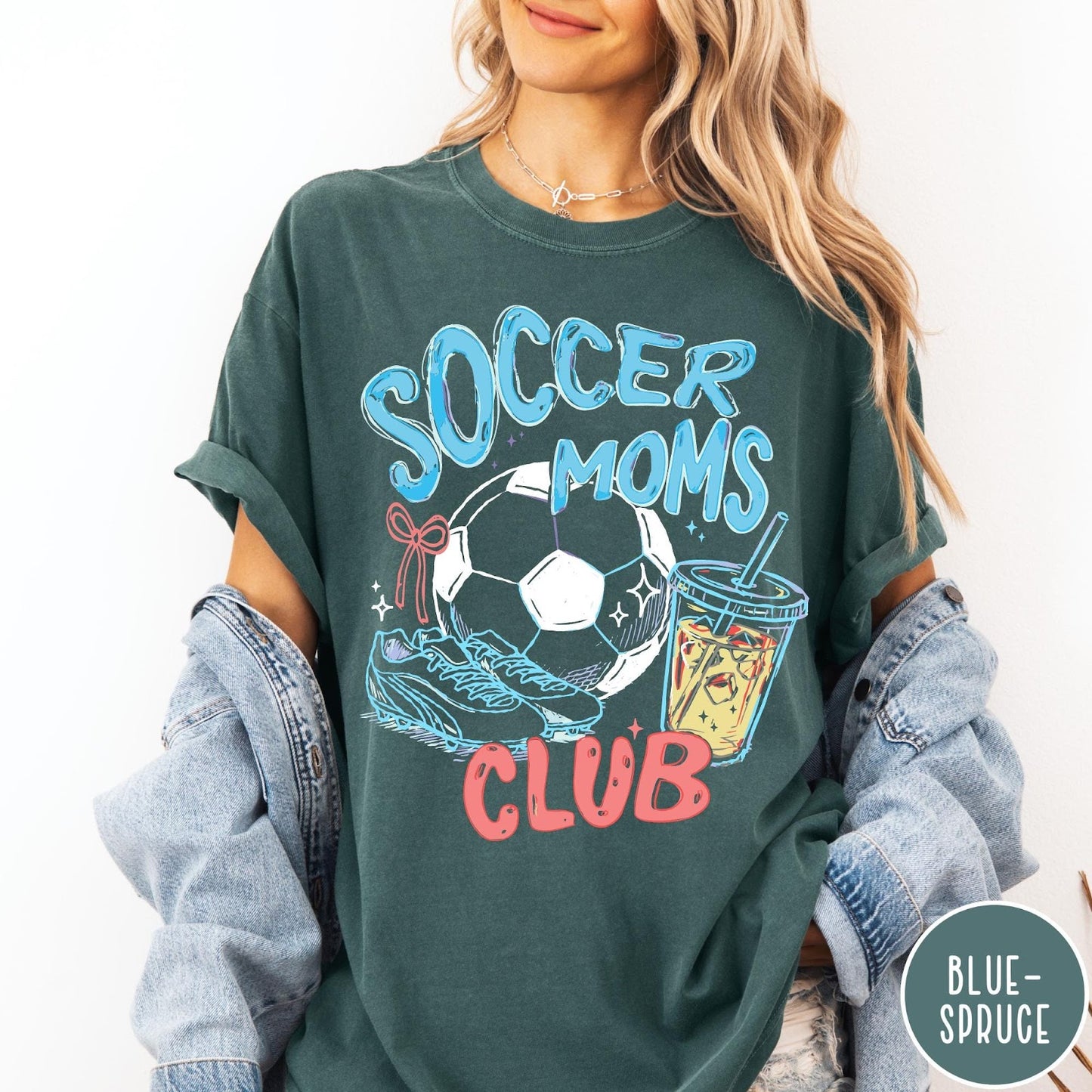 Comfort Colors tee in Blue Spruce featuring soccer mom lifestyle graphic with soccer ball, cleats, and iced coffee