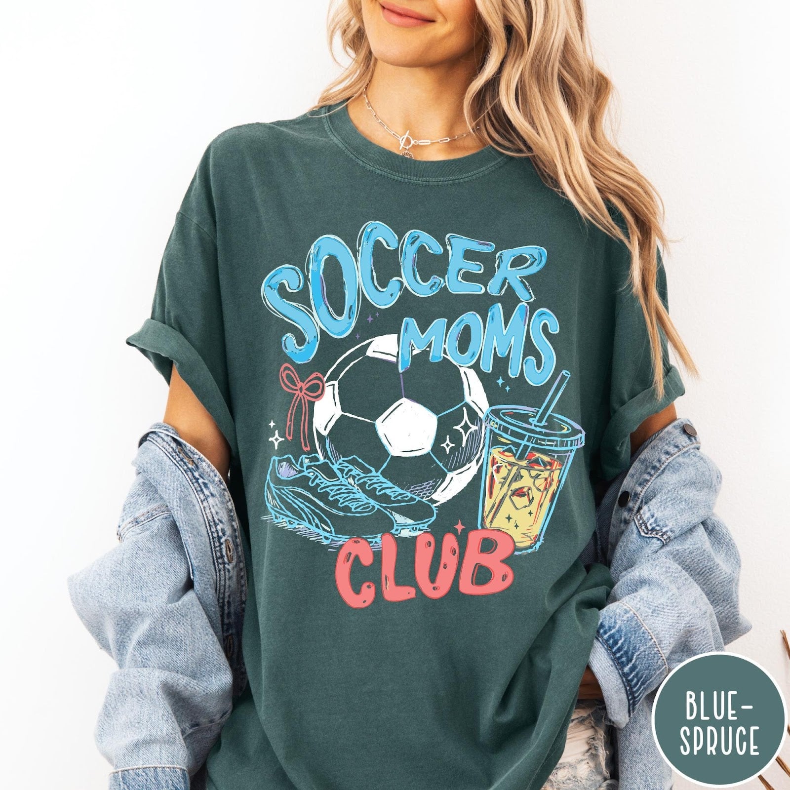 Comfort Colors tee in Blue Spruce featuring soccer mom lifestyle graphic with soccer ball, cleats, and iced coffee